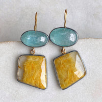 Golden Rutilated Quartz and Teal Kyanite Earrings